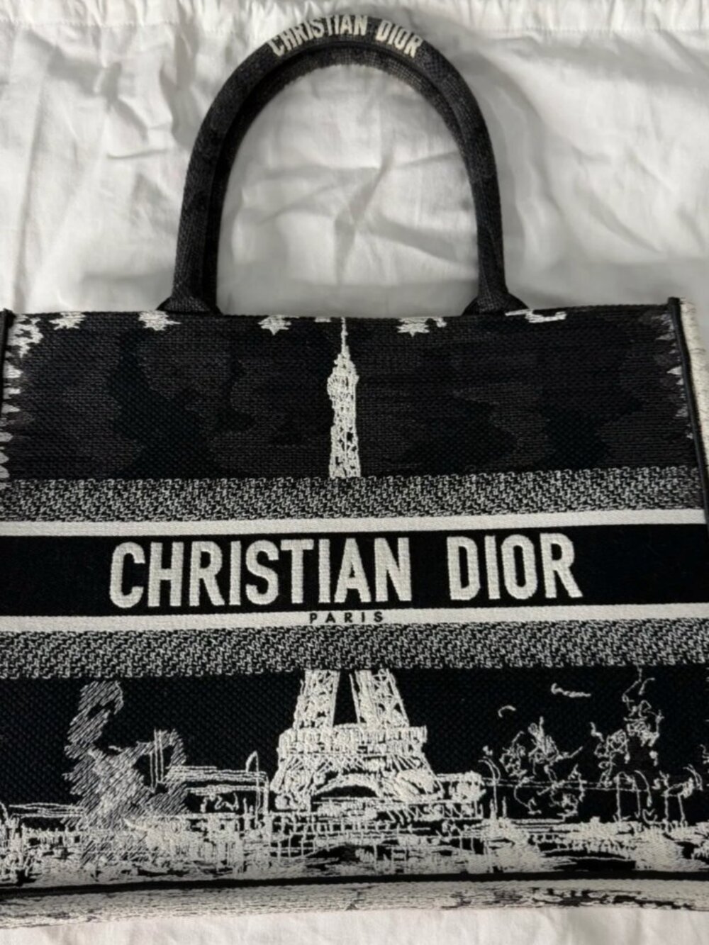 CHRISTIAN DIOR Canvas Embroidered Medium Paris Book Tote in Black and White